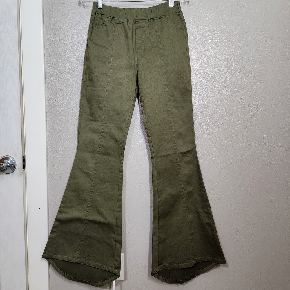 Umgee Pants Women's Size Medium  Green Bell Bottom Flare Elastic‎ Waistband